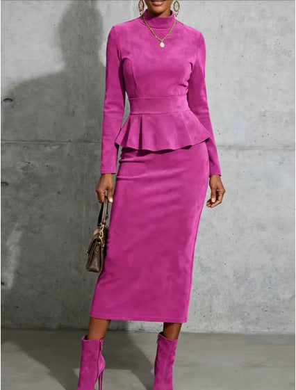 Solid Color Lotus Leaf Hem Top And Bodycon Long Skirt Set
