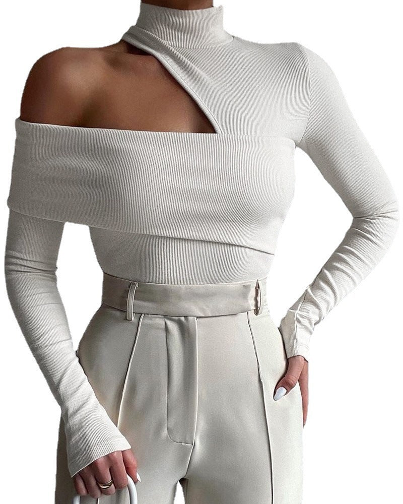 Women's One Shoulder Cutout Long Sleeve Turtleneck Top