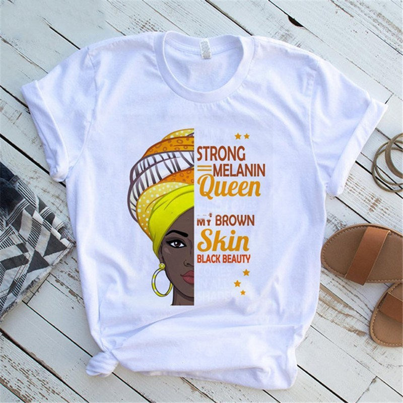 Cartoon African girl print ladies short sleeve T-shirt