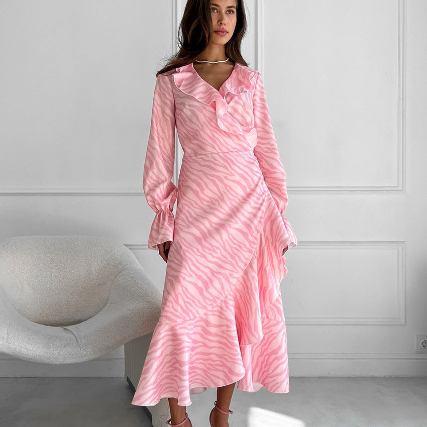 Elegant Ruffled V-neck Flared Sleeves Fishtail Dress