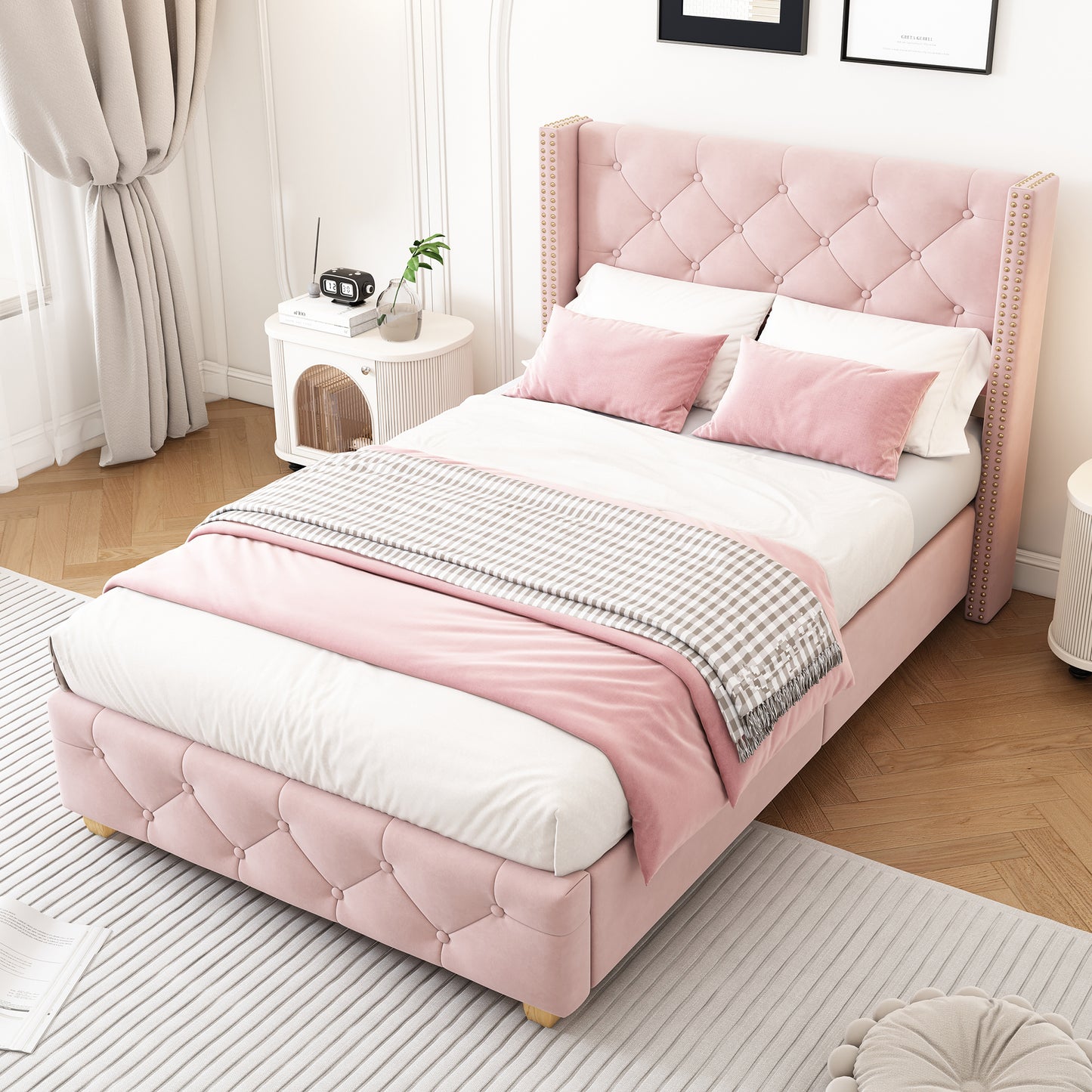 Upholstered Bed,Single Bed-3ft 90x190cm ,With Slatted Frame And Headboard, Button Upholstery, Rivet Upholstery, Wooden Legs, Velvet, Pink