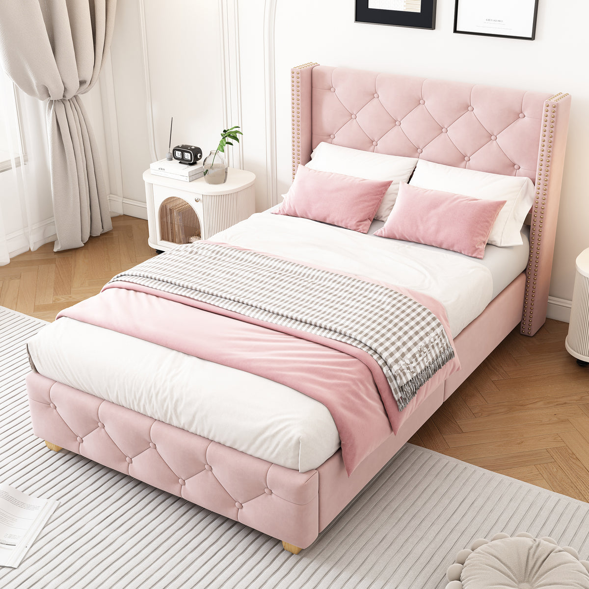 Upholstered Bed,Single Bed-3ft 90x190cm ,With Slatted Frame And Headboard, Button Upholstery, Rivet Upholstery, Wooden Legs, Velvet, Pink