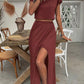Women's Solid Color Round Neck Batwing Sleeve Crop Top And Side Split Skirt