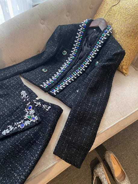 Diamond Blue And Fruit Collar Short Tweed Coat Short Skirt