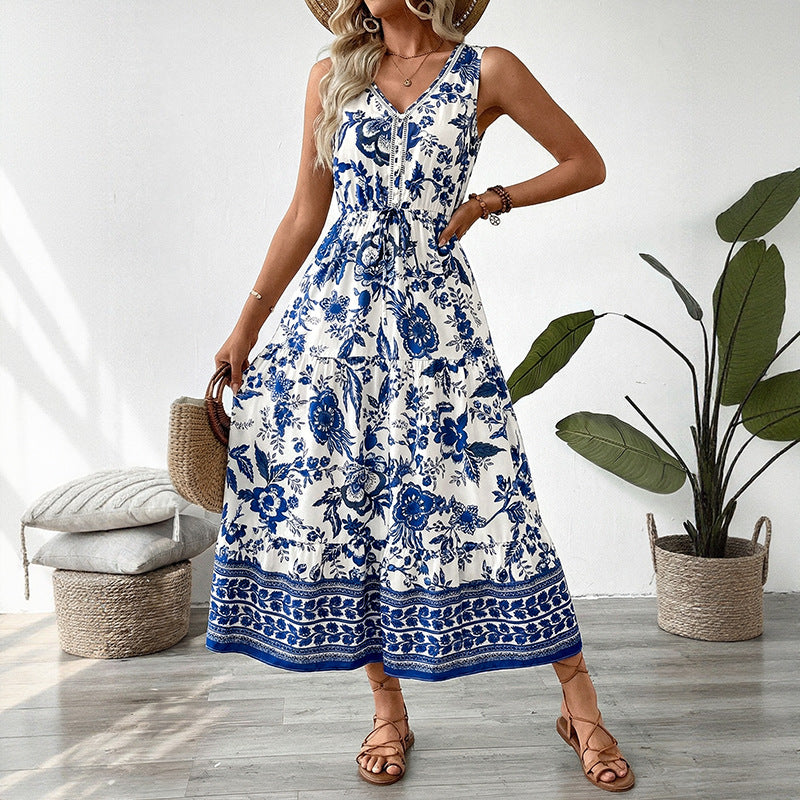 Retro Resort-style Long Dress V-neck Sleeveless One-piece Dress