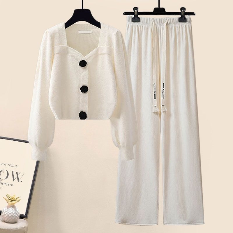 Gentle Puff Sleeve Knit Sweater High Waist Wide Leg Casual Pants Set