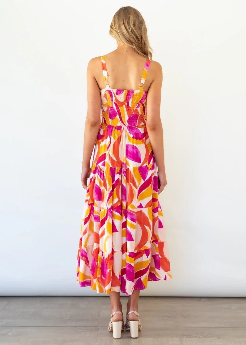 Spaghetti-strap Floral Print Pleated Dress