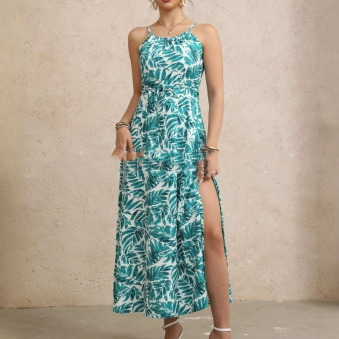 Women's Tie-Neck Floral Print High-Thigh Split Holiday Dress