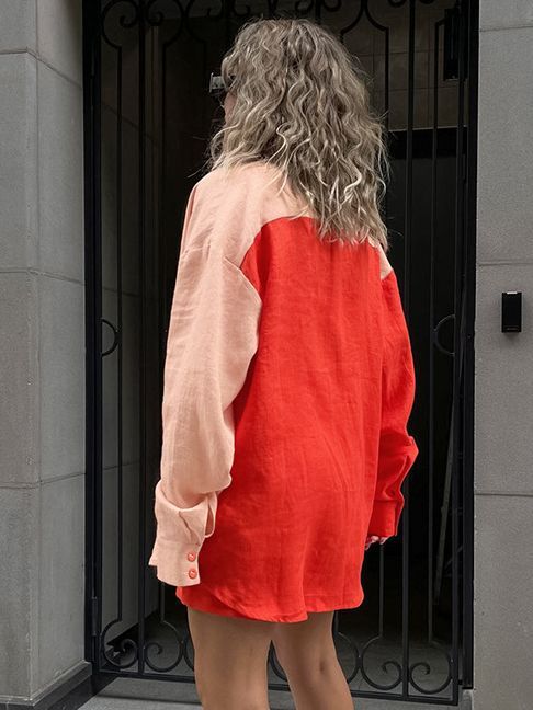 Ensemble chemise et short à manches longues et couleur contrastée pour femme