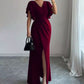 Lotus-Leaf Sleeve V-Neck Waist-Cinching Slim-Fit Long Dress