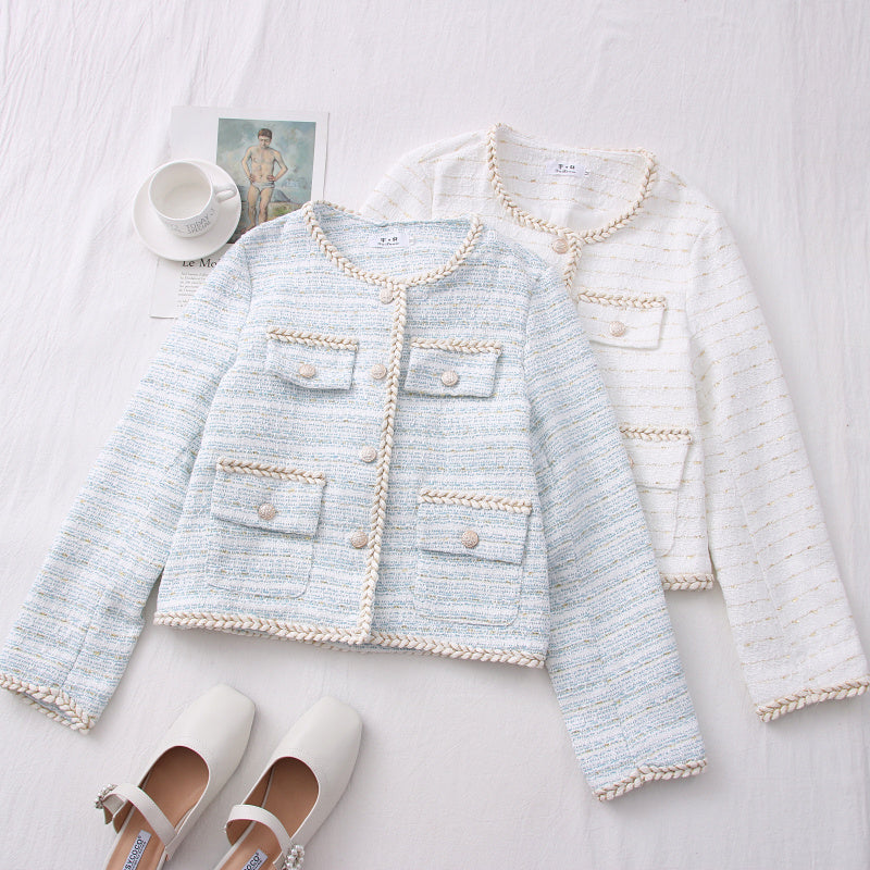 Bright Silk Woven Single-breasted Long-sleeved Short Jacket