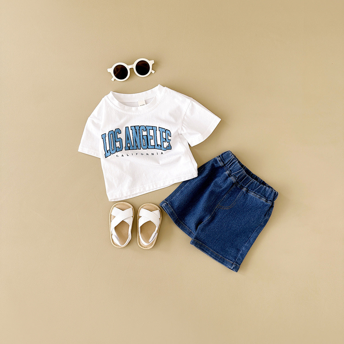 Summer Baby Letter Print Short-sleeve Top Denim Shorts Suit
