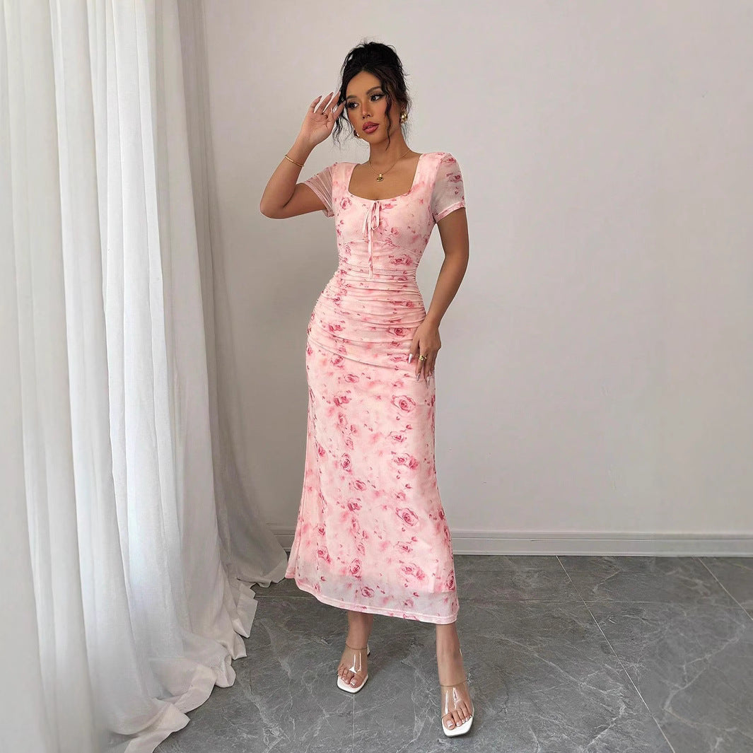 Strap-printed Long Figure-hugging Hip-hugging Dress