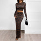 Round Neck Sheath Long Sleeve Leopard-print Slim-fit Split Suit