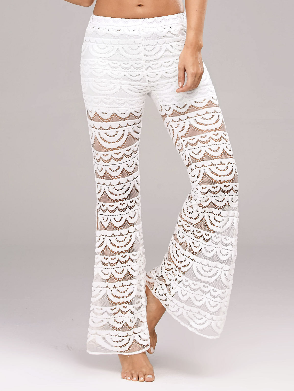 Summer Women Elegant Patchwork Sheer Pants Lace Trouser Pantalon Party Clubwear