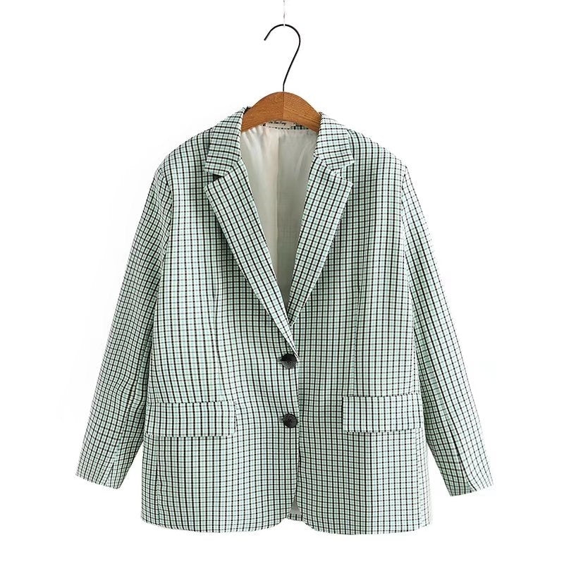 Veste de costume slim décontractée à carreaux rétro pour femme, grande taille