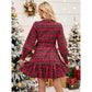 Plaid Printed V-neck Puff Sleeve Ruffled Drawstring Dress