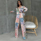 European And American National Style Printed Long-sleeved Shirt Women's Trousers