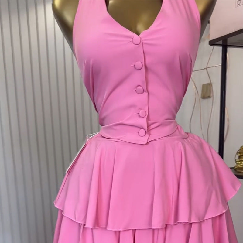 Women's Halter Vest High Waist Tiered Skirt Two-piece Set