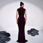 Robe queue de poisson à manches longues et col carré, avec paillettes et strass