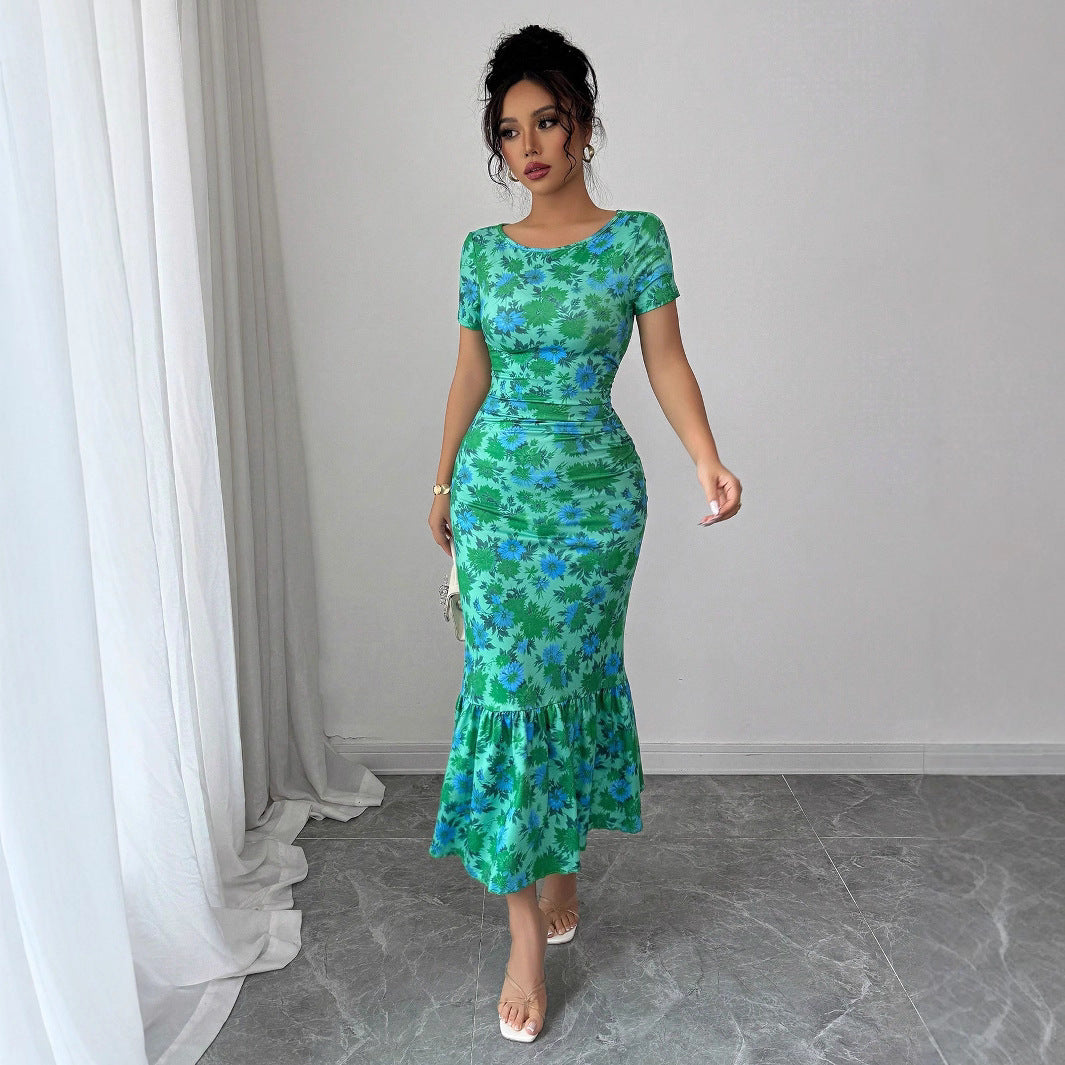 French-Elegant Floral Print Ruffle Hem Body-Slimming Dress
