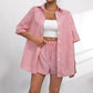 Womens Fashion Lapel-Neck Striped Short-Sleeve Shorts Set