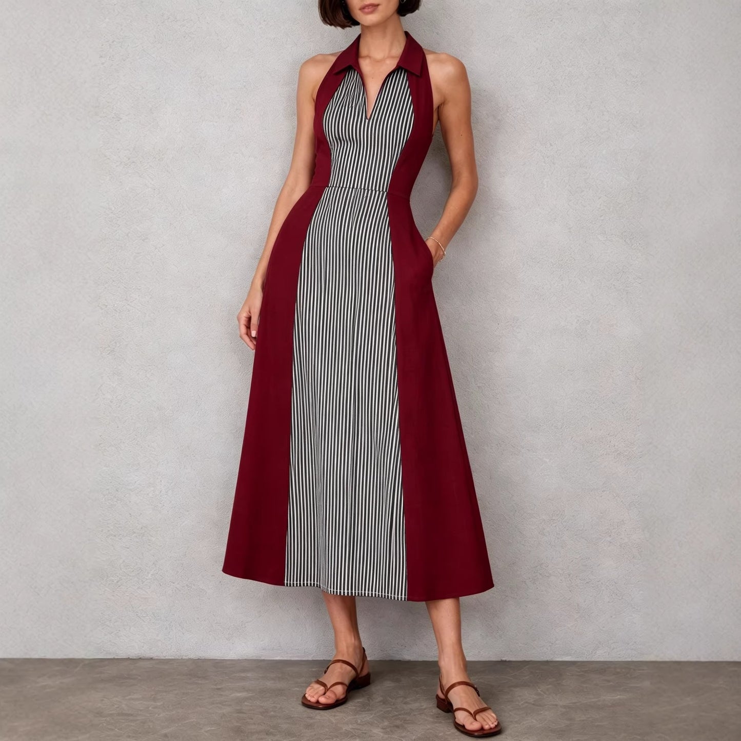 Womens Shirts Collar Defined Waistline Striped Long Swing Dress