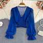 V-neck Cross Slim Fit Polka Dot Chiffon Shirt Western Style Waist-slimming Short