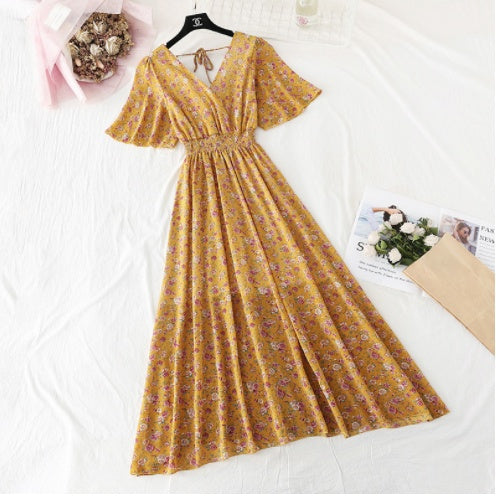 Chiffon Dress Female French Platycodon Floral Long Skirt Waist Was Thinner