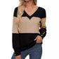 Color Block Stitching Fastener Decoration Casual V-neck Top
