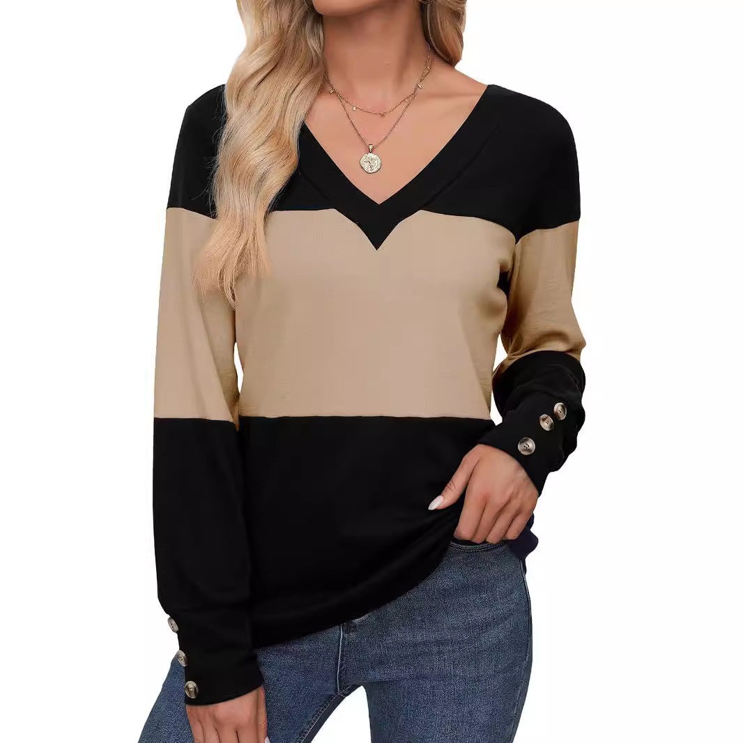 Color Block Stitching Fastener Decoration Casual V-neck Top