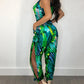 Peacock Feather Print Sleeveless Slit