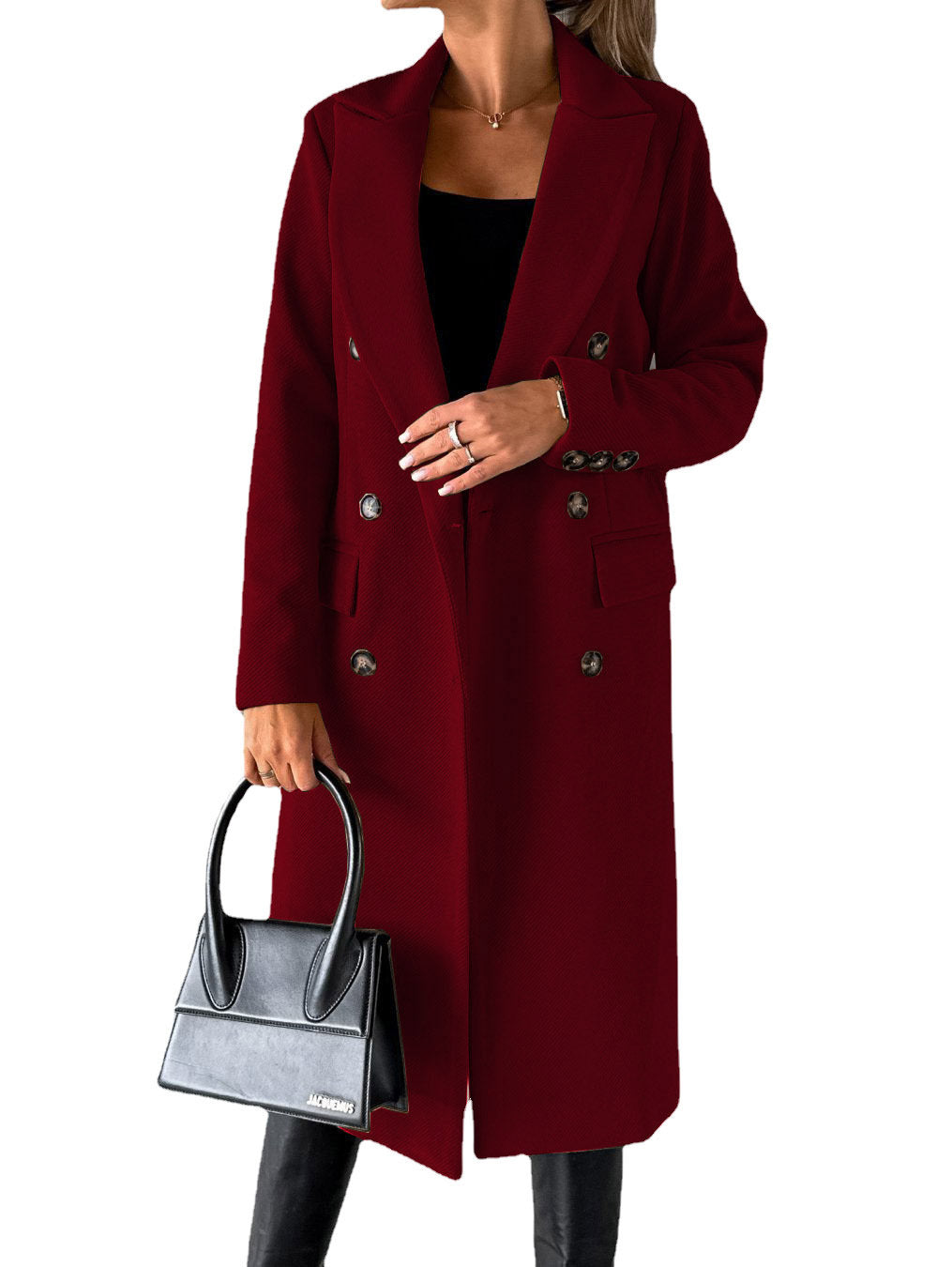 Manteau à manches longues et revers pour femme, veste longue et slim, couleur unie, à double boutonnage, tendance hiver
