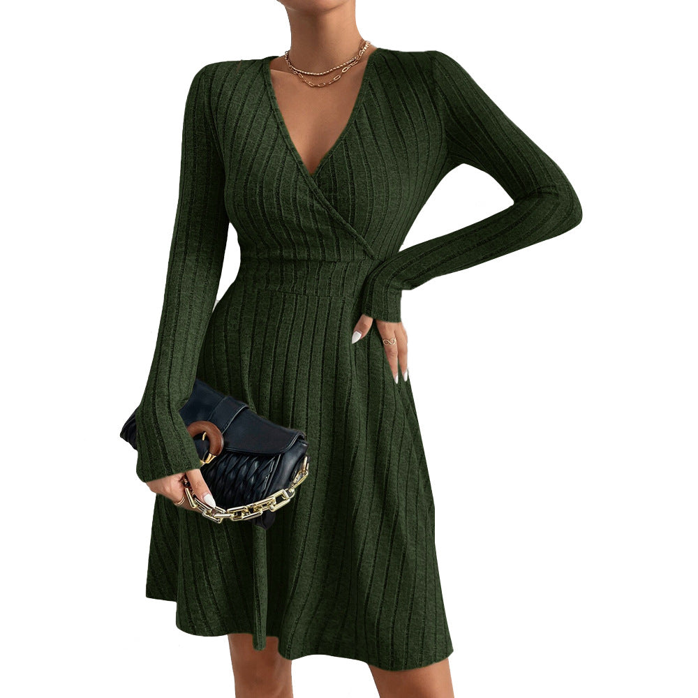 European And American Women's V-neck Waist-cinching Popular Fabric Ribbed Brushed Long-sleeve Dress