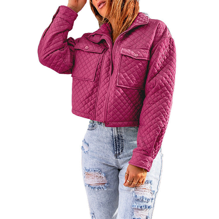 Women's Casual Long Sleeve Lapel Solid Color Loose Zipper Cropped Jacket