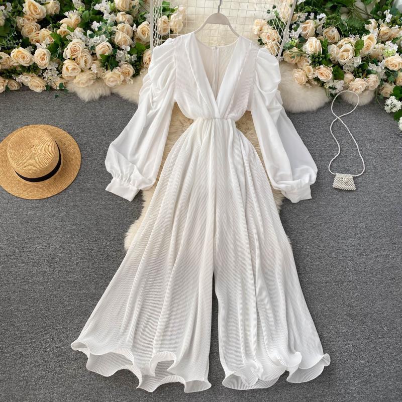 Retro Fairy One-piece V-neck Puff Sleeve Waist Waist