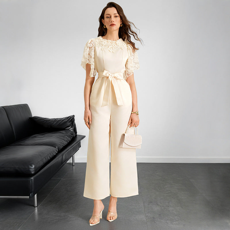 Womens Versatile Solid-Color Casual Satin Jumpsuit