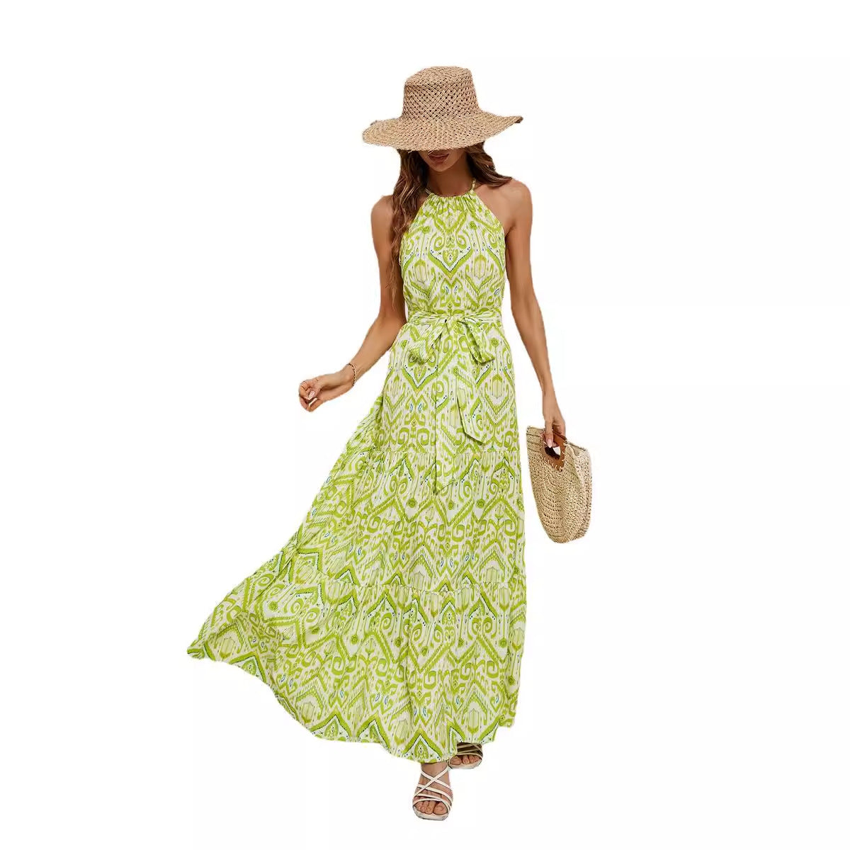 Sexy Round-Neck Lace-Up Printed Long Dress Robe