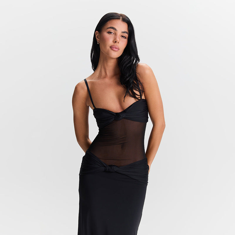 Detachable Shoulder Strap Kinked Mesh Slim Fit Dress