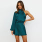 Womens Evening Gown Satin Long Sleeves One-shoulder Dress