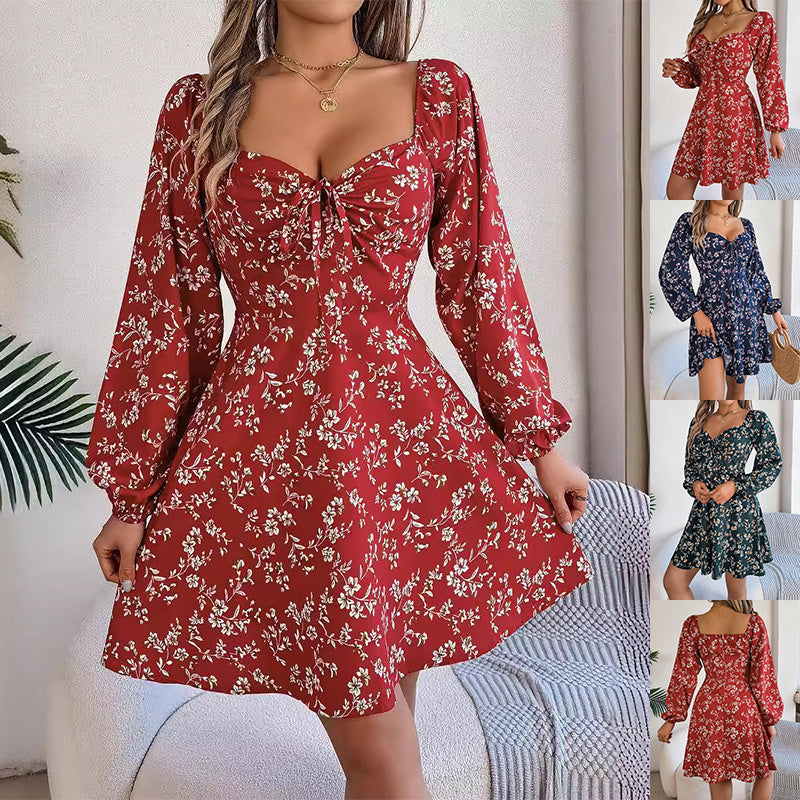 Robe à imprimé floral à manches lanternes, décontractée et sexy, col carré, manches longues, coupe trapèze, vêtements pour femmes