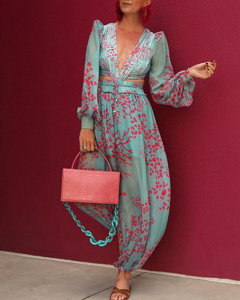 Full Screen Printed Chiffon Deep V Jumpsuit