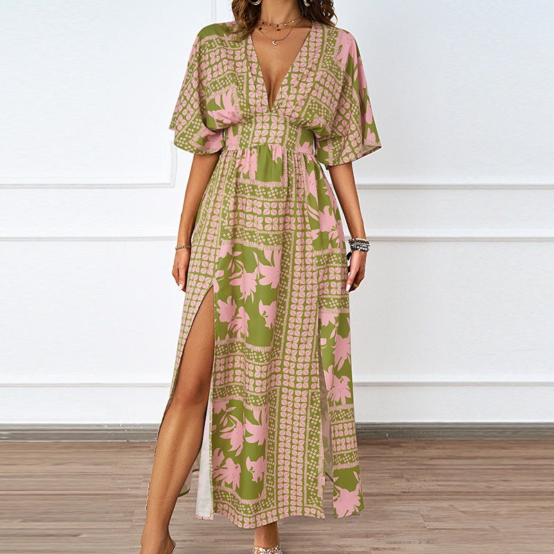 Sexy V-Neck Short-Sleeve Printed Waist-Cinching Dress