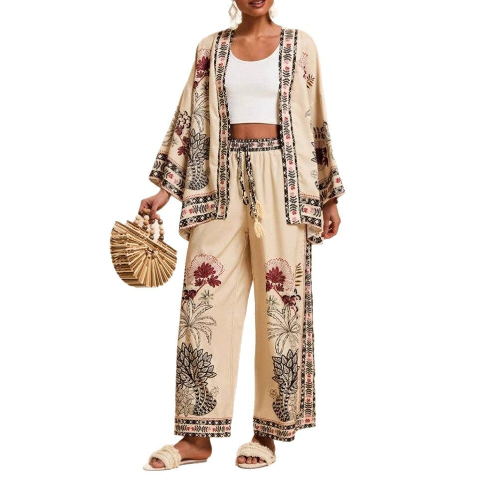 Fashion Vacation Style Printed Cardigan Long Sleeve Wide Leg Pants Two-piece Set