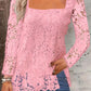 Fashion Long Sleeve Square Neck Tops Women Solid Color Floral Lace Shirt