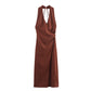 Summer Linen Blended Gold Inlaid Halter Dress