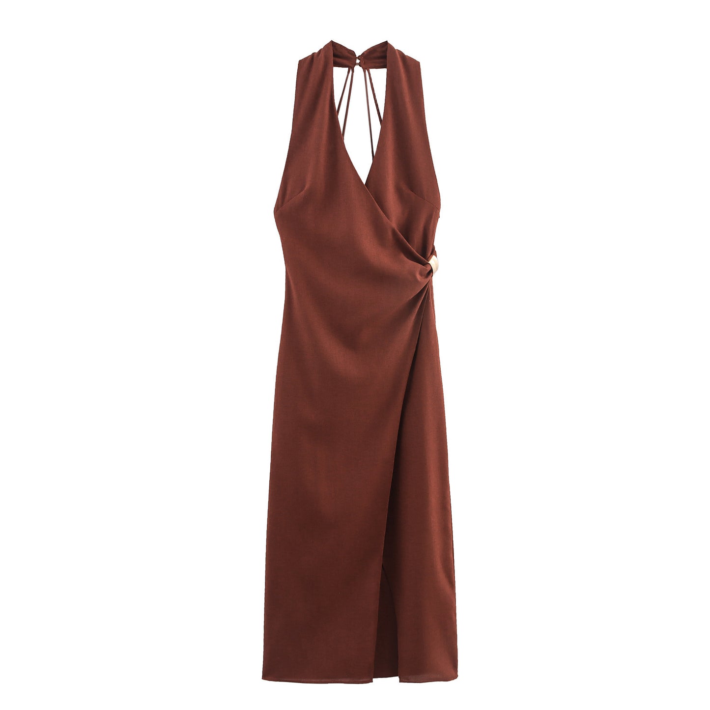 Summer Linen Blended Gold Inlaid Halter Dress