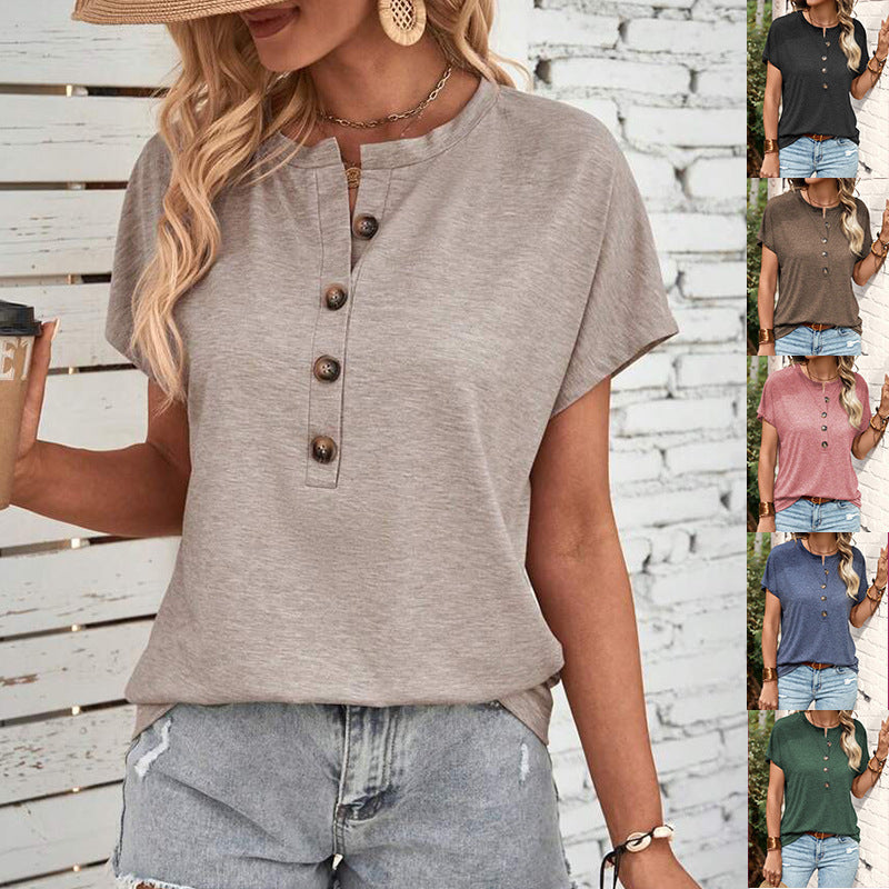T-shirt à manches courtes et boutons de couleur unie pour femme