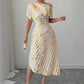 Women's Asymmetric Shoulder Gold Foil Pleated Dress