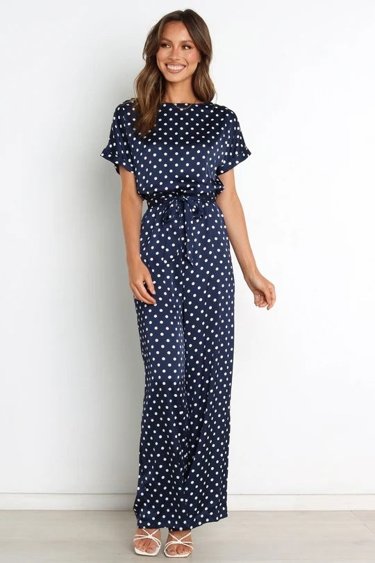 Combinaison moulante à lacets et col rond pour femme, manches courtes, imprimé pois